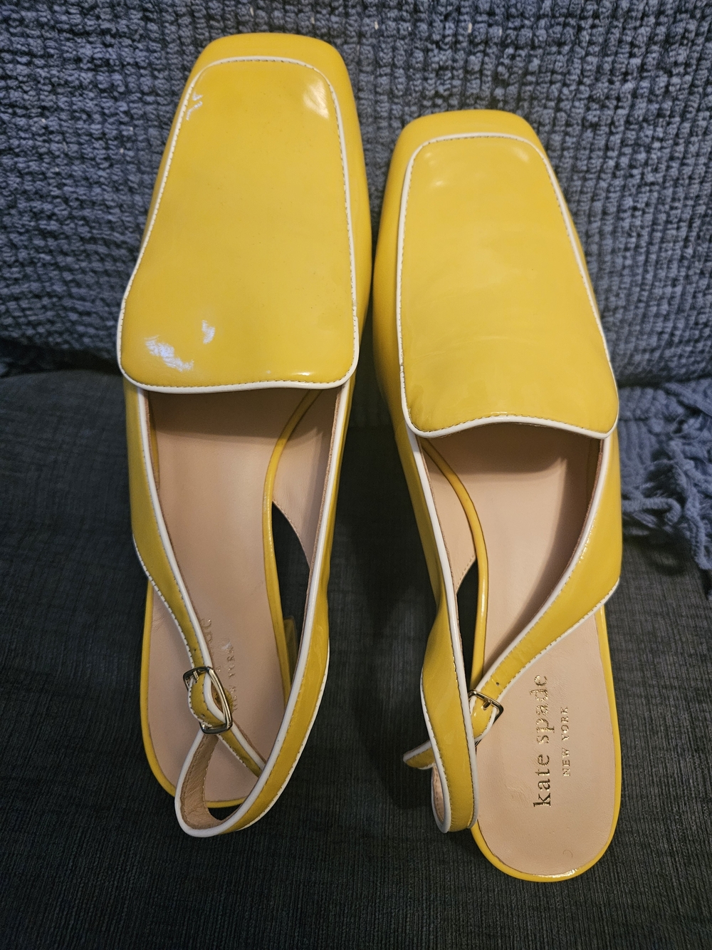kate spade Yellow Patent Leather Square-Toe Slingback Flats with White Trim